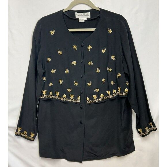Diane Von Furstenberg Tops - Vintage Diane Von Furstenberg 100% Silk Sz M Black Gold Embroidery